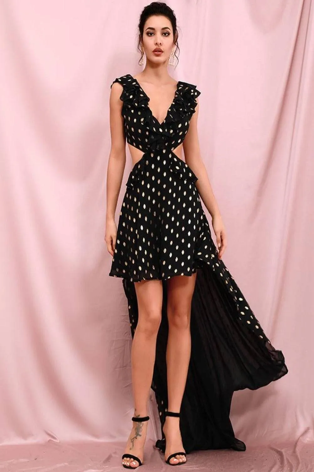 Black & Gold Polka Dot Ruffle Cut Out Long Train Dress