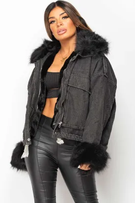 Black Denim Faux Fur Oversized Jacket