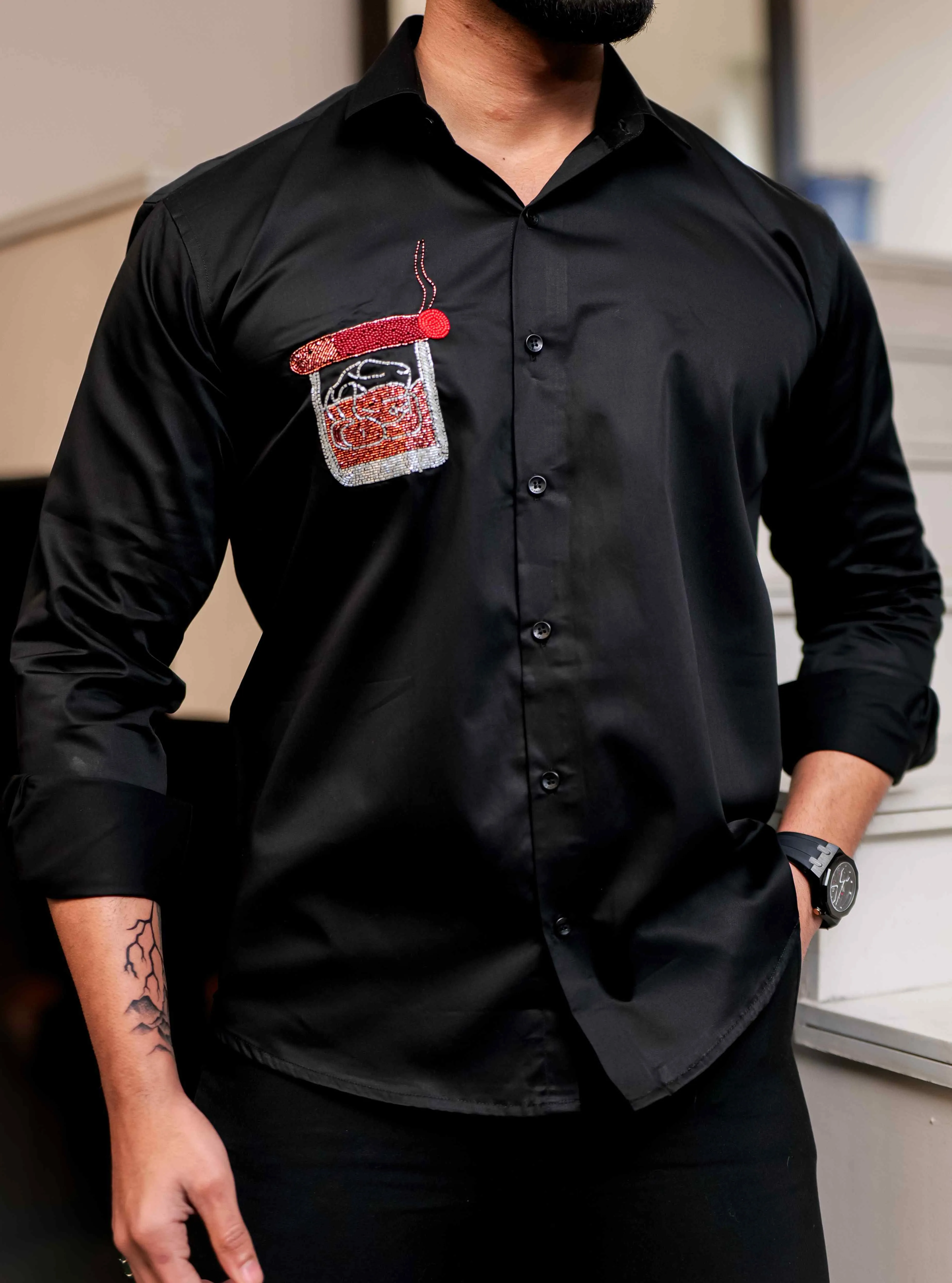 Black Rhinestone Hand Work Satin Cotton Premium Shirt