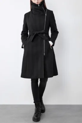 Black striple asymmetrical wool coat C4601