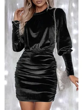 Black Velvet Puff Sleeve Ruched Bodycon Dress