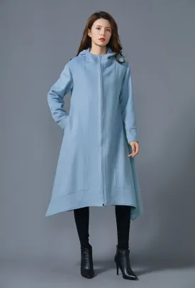 Blue Hooded long wool coat Asymmetric handmade coat coat with pockets C1623