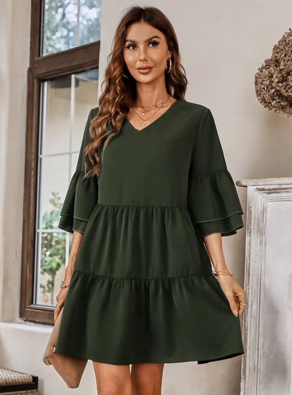 Casual V-neck Solid Color Loose Dress