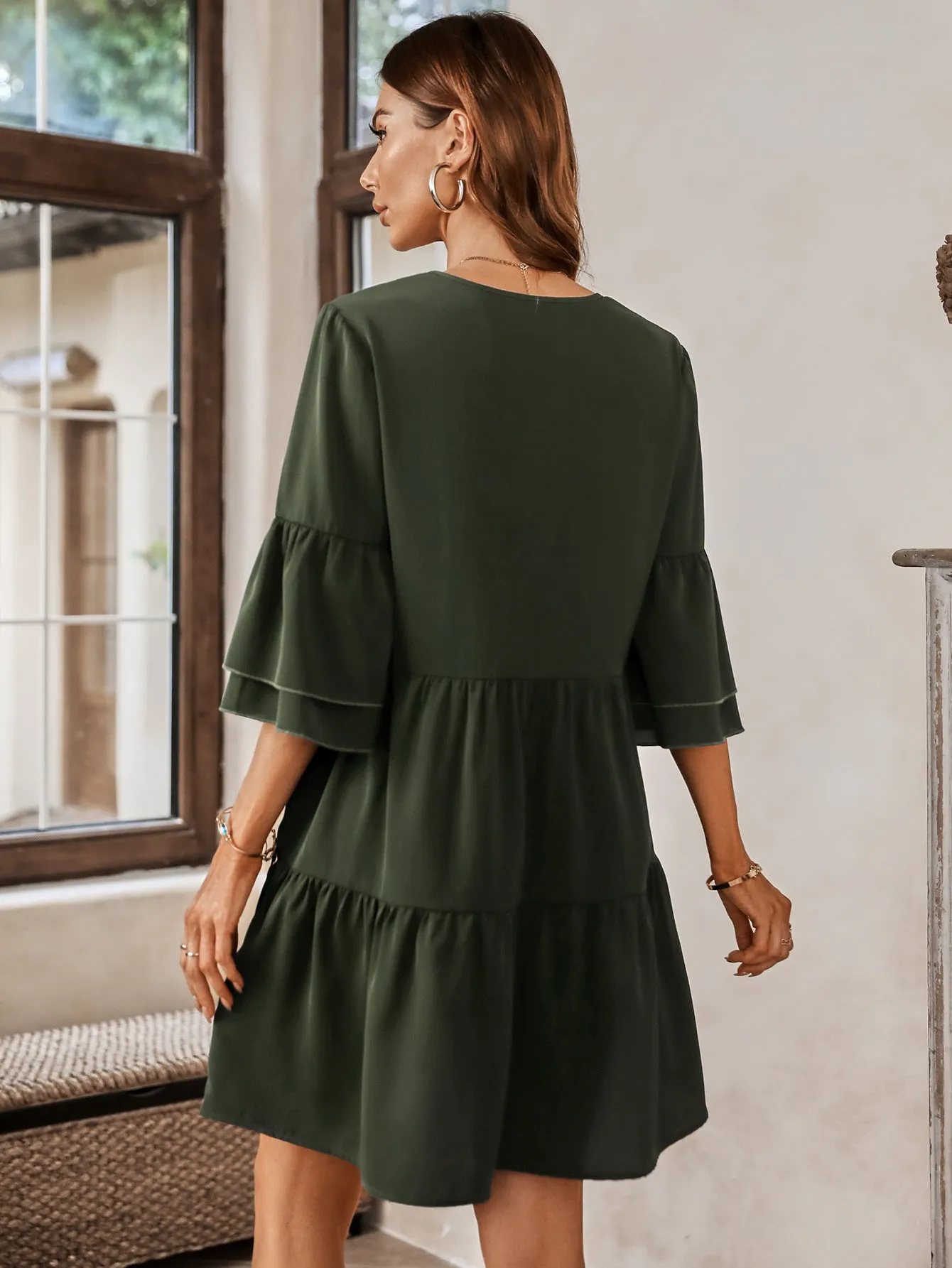 Casual V-neck Solid Color Loose Dress