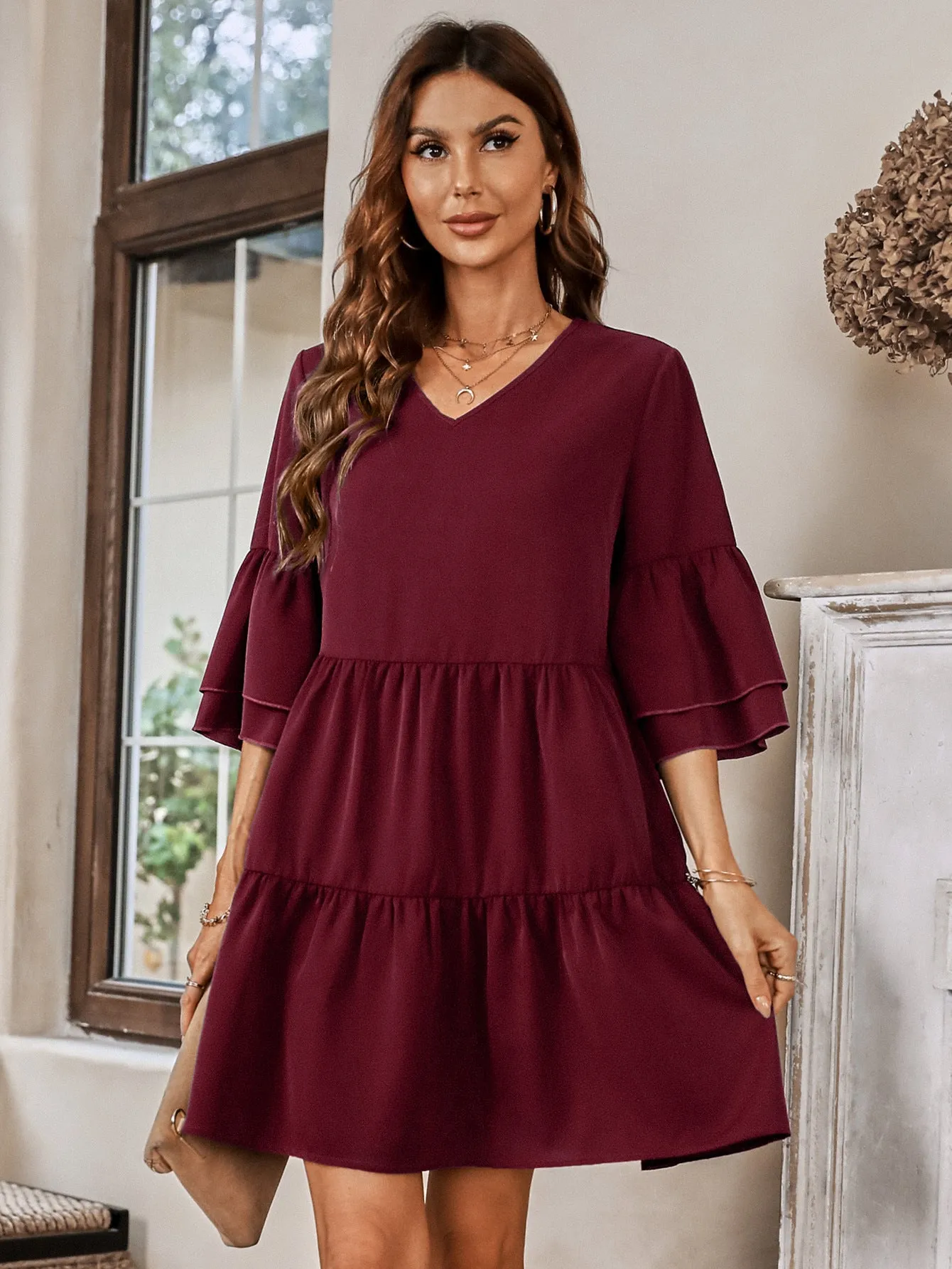 Casual V-neck Solid Color Loose Dress