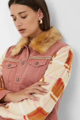 Checkis Pink Denim Jacket Checked Sleeves Faux Fur Collar Desigual Style 20WWEN03