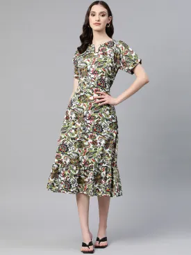 Cottinfab Floral Print Crepe Tiered A-Line Midi Dress With Tie-Ups Detail