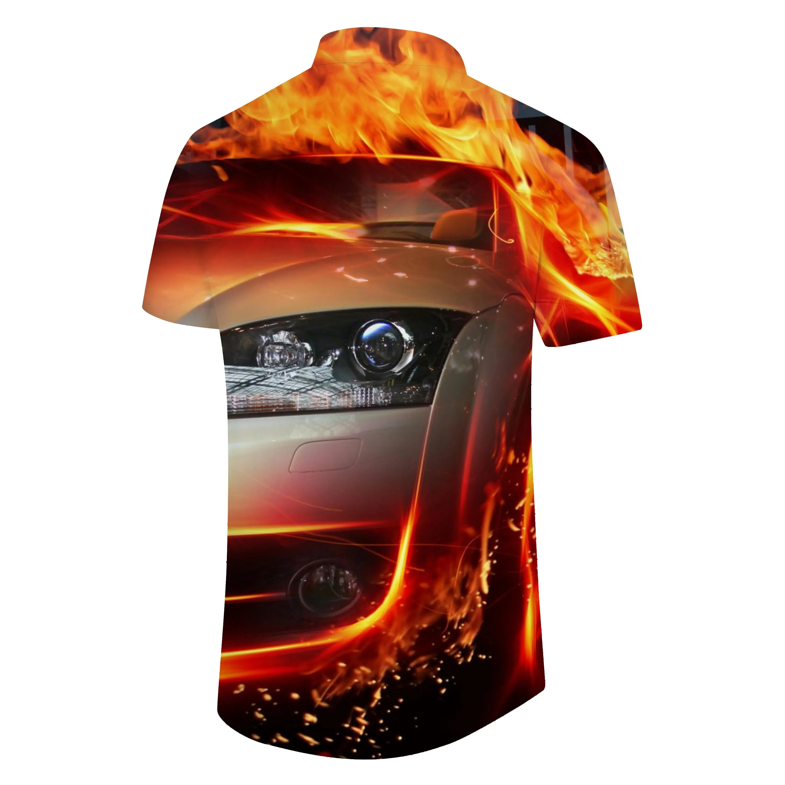 Flame car eye men's casual short sleeve shirt Hawaiian button micro elastic seaside fashion trend top