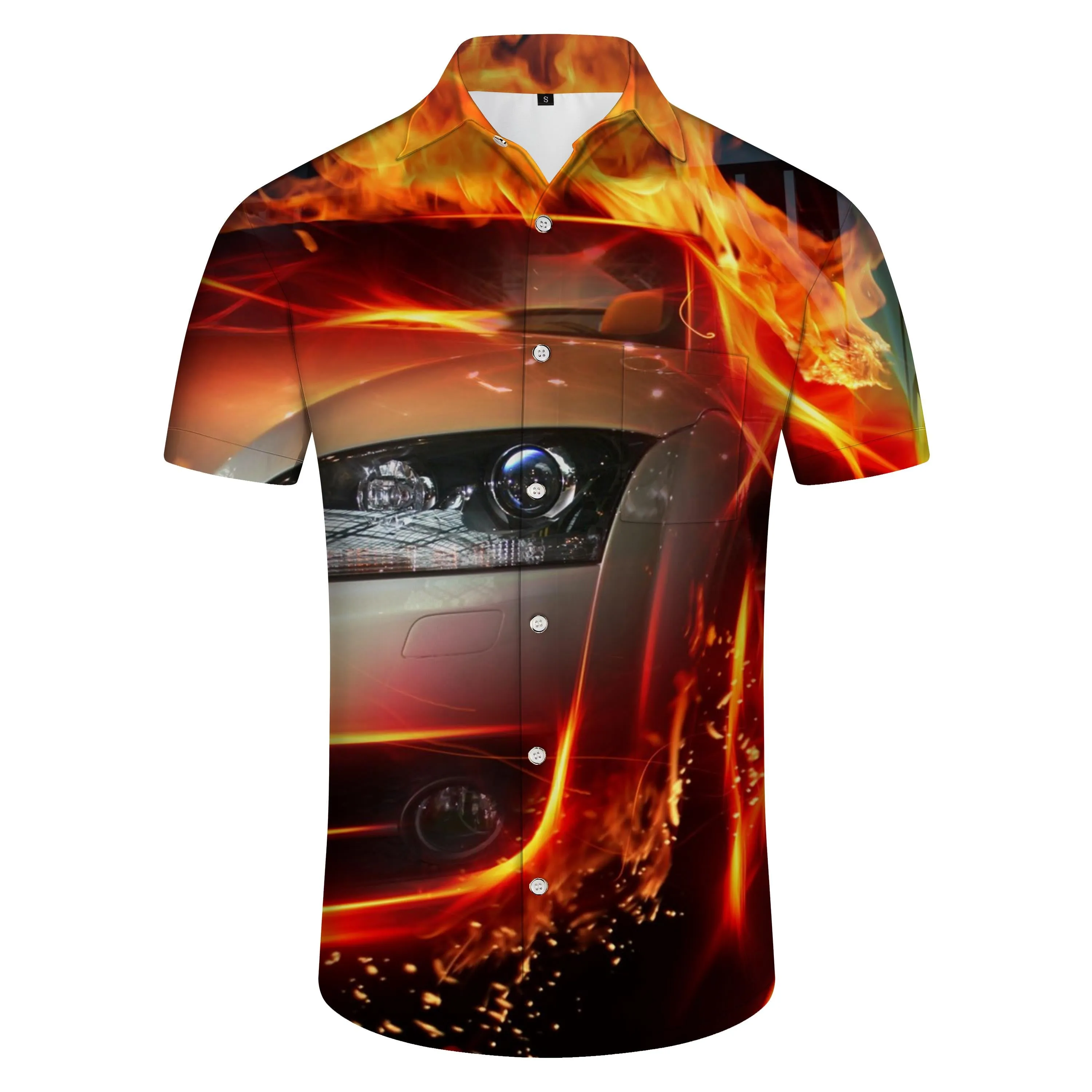 Flame car eye men's casual short sleeve shirt Hawaiian button micro elastic seaside fashion trend top