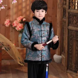 Floral Brocade Fur Edge Chinese Style Boy's Wadded Suit