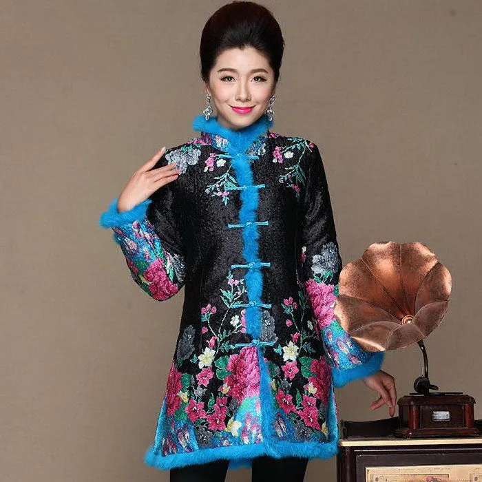 Floral Silk & Linen Chinese Style Long Women's Wadded Coat