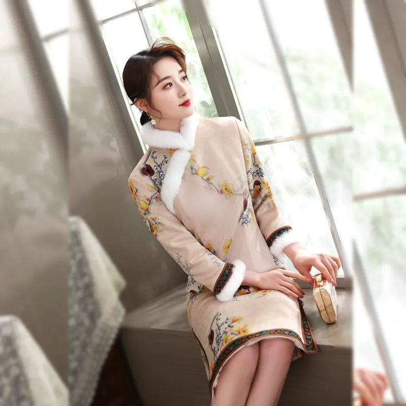 Floral Suede Fur Edge Knee Length Cheongsam Wadded Chinese Dress