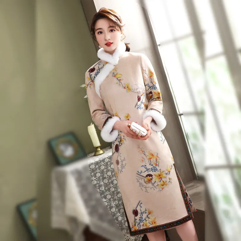 Floral Suede Fur Edge Knee Length Cheongsam Wadded Chinese Dress