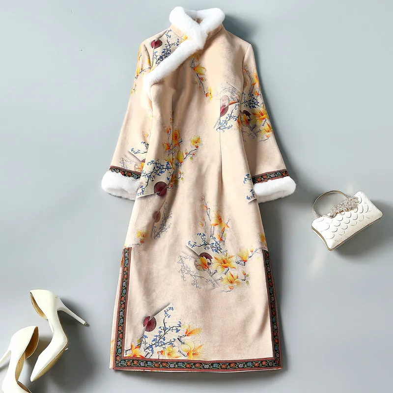 Floral Suede Fur Edge Knee Length Cheongsam Wadded Chinese Dress