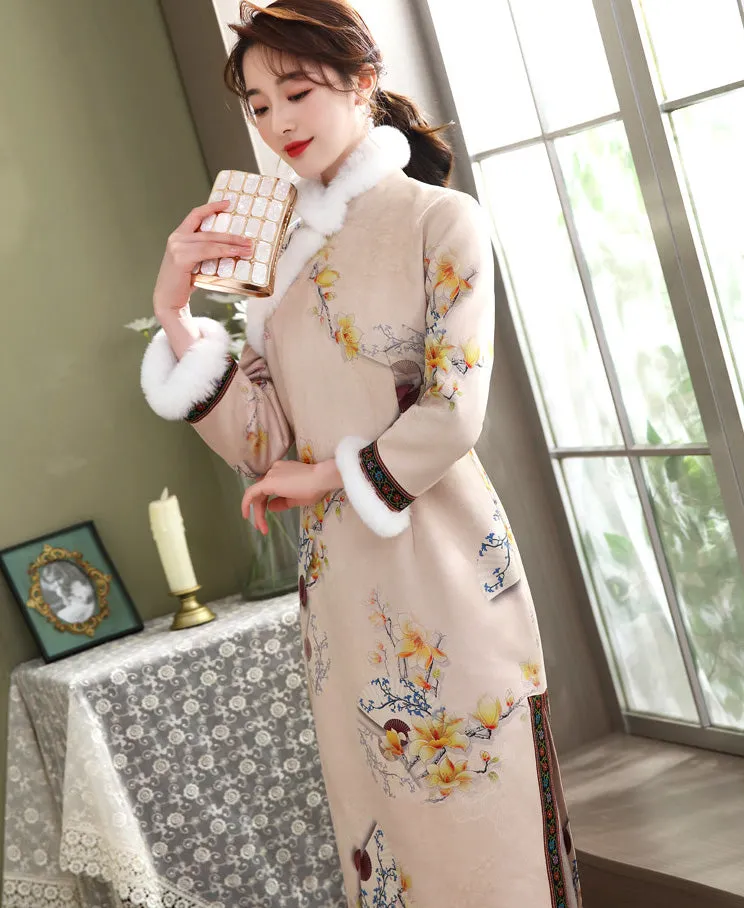 Floral Suede Fur Edge Knee Length Cheongsam Wadded Chinese Dress