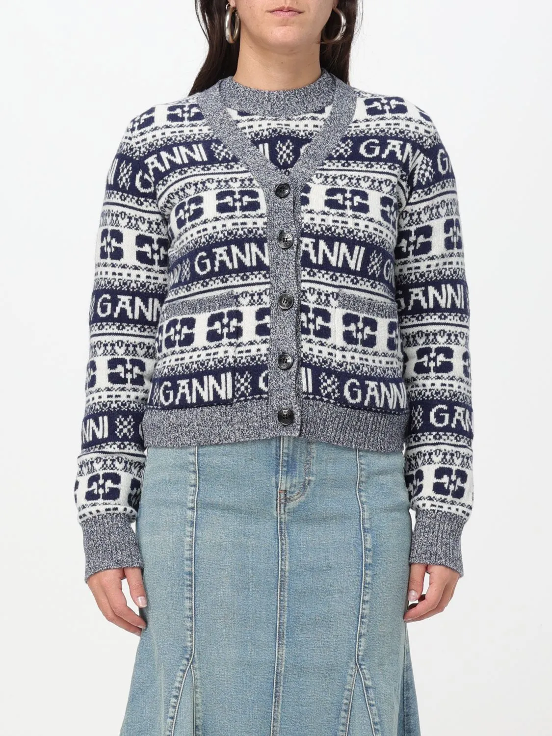 GANNI K2093 BLUE LOGO WOOL CARDIGAN