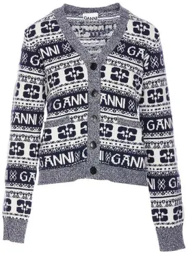 GANNI K2093 BLUE LOGO WOOL CARDIGAN