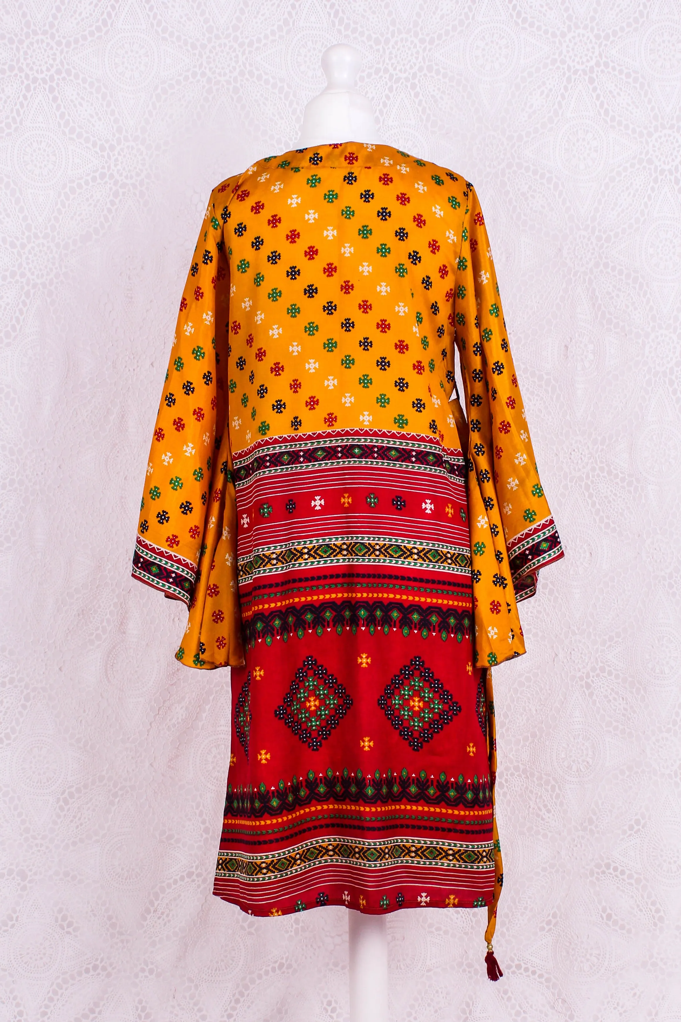 Gemini Bell Sleeve Midi Kimono/Dress - Marigold Yellow Vintage Sari - Size S/M