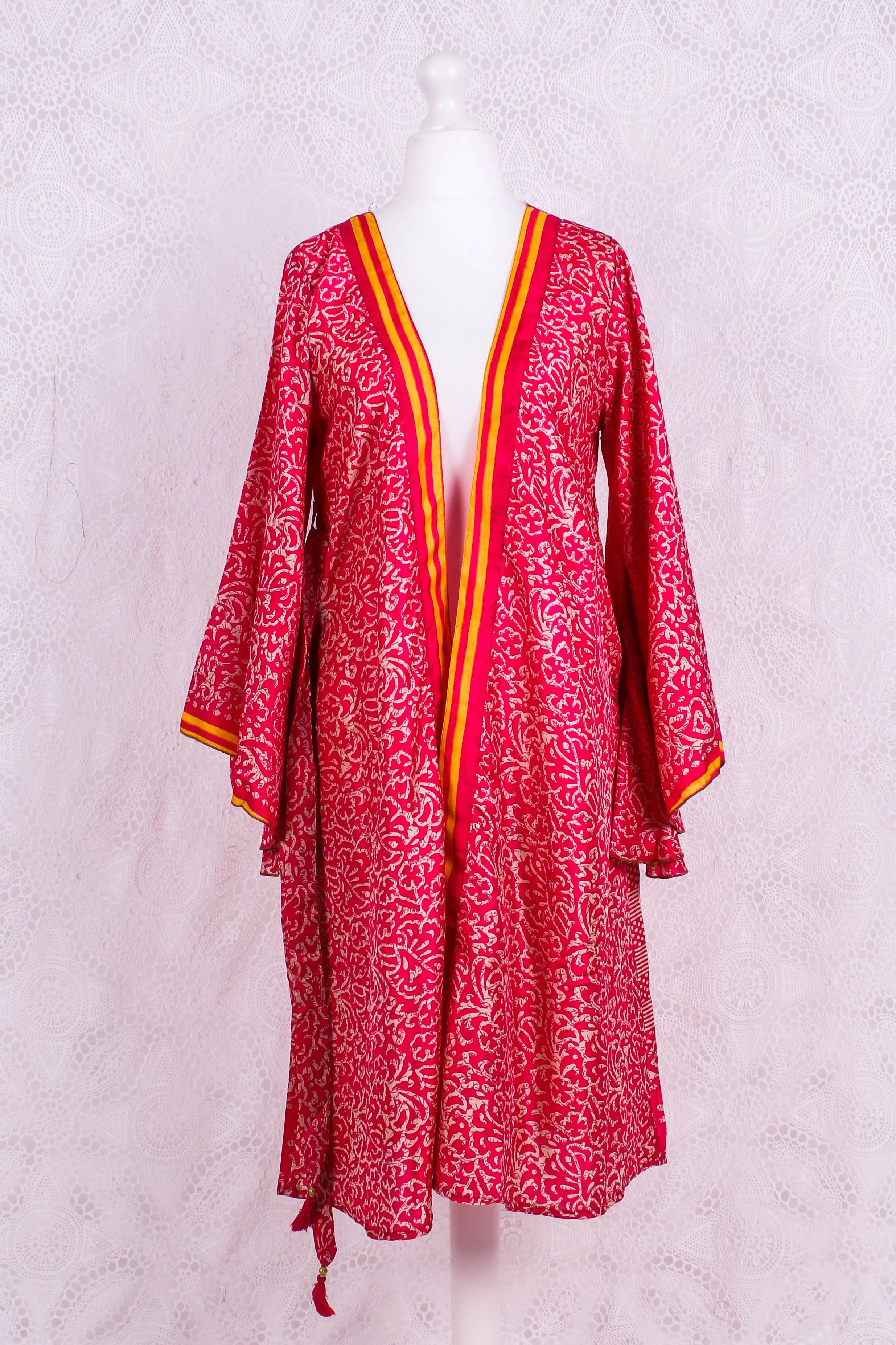 Gemini Bell Sleeve Midi Kimono/Dress - Watermelon Pink Vintage Sari - Size S/M