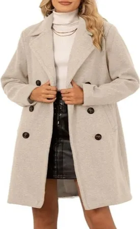 Giolshon Women Faux Woolen Fleece Jacket, Long Trench coat with Detachable Fur Collar