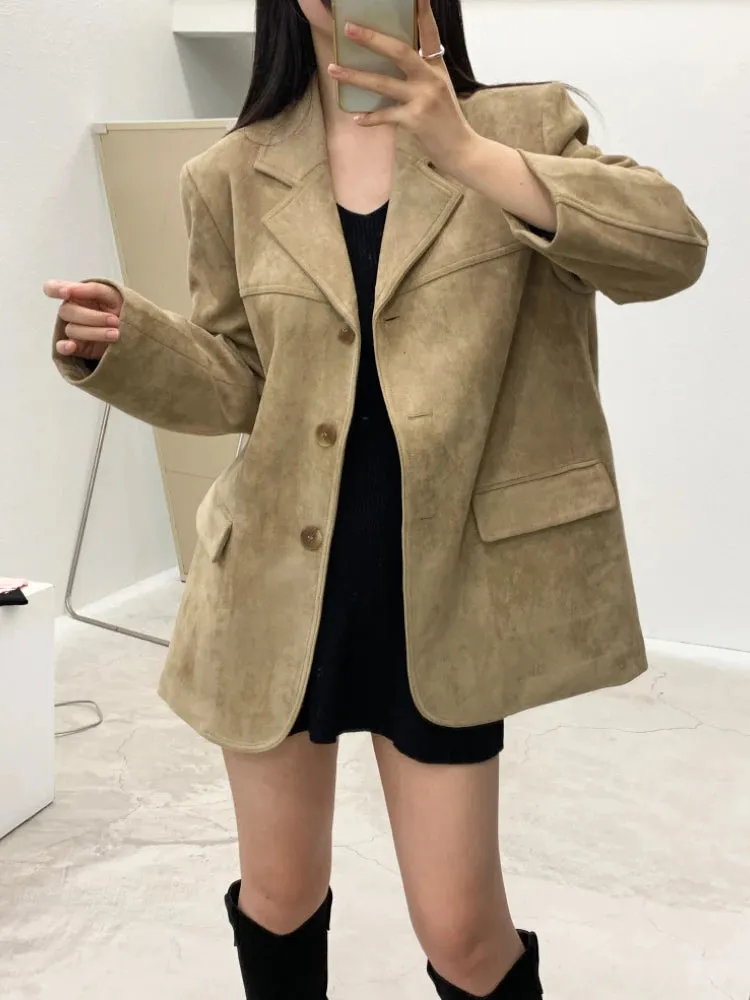 Girlary Chic Korea Autumn Winter Vintage Coffee Coat Women Elegant Buckskin Fleece Blazer Y2k Long Sleeve Office Lady Casual Suit 2024