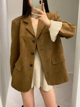 Girlary Chic Korea Autumn Winter Vintage Coffee Coat Women Elegant Buckskin Fleece Blazer Y2k Long Sleeve Office Lady Casual Suit 2024