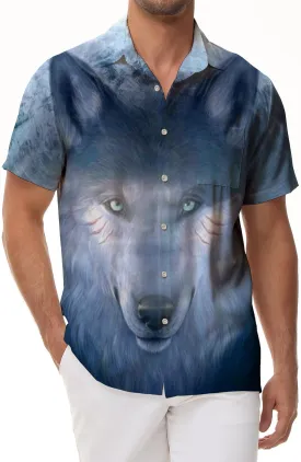 Hawaiian Button Wolf Totem Summer Shirt Print Shirt Short Sleeve Beach Men Streetwear