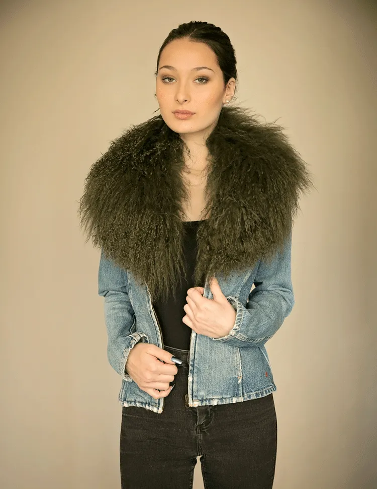 Juniper - Mongolian Fur Collar & Slap On Cuffs in Olive