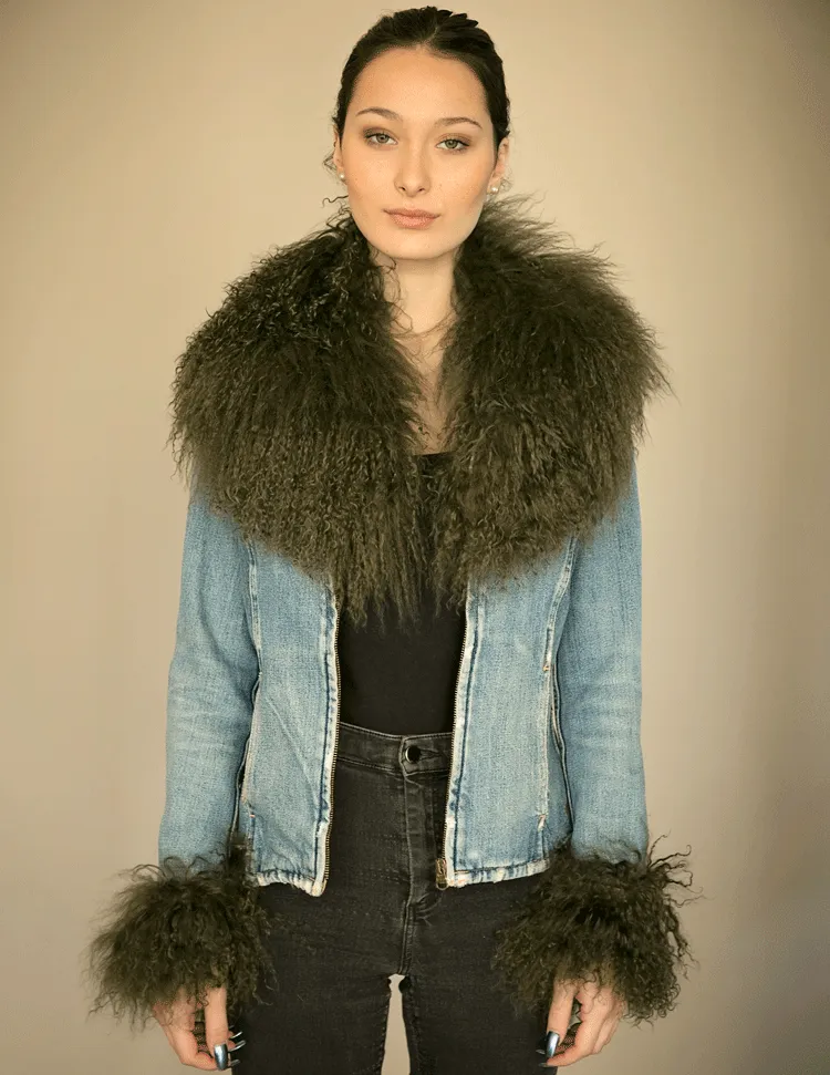 Juniper - Mongolian Fur Collar & Slap On Cuffs in Olive