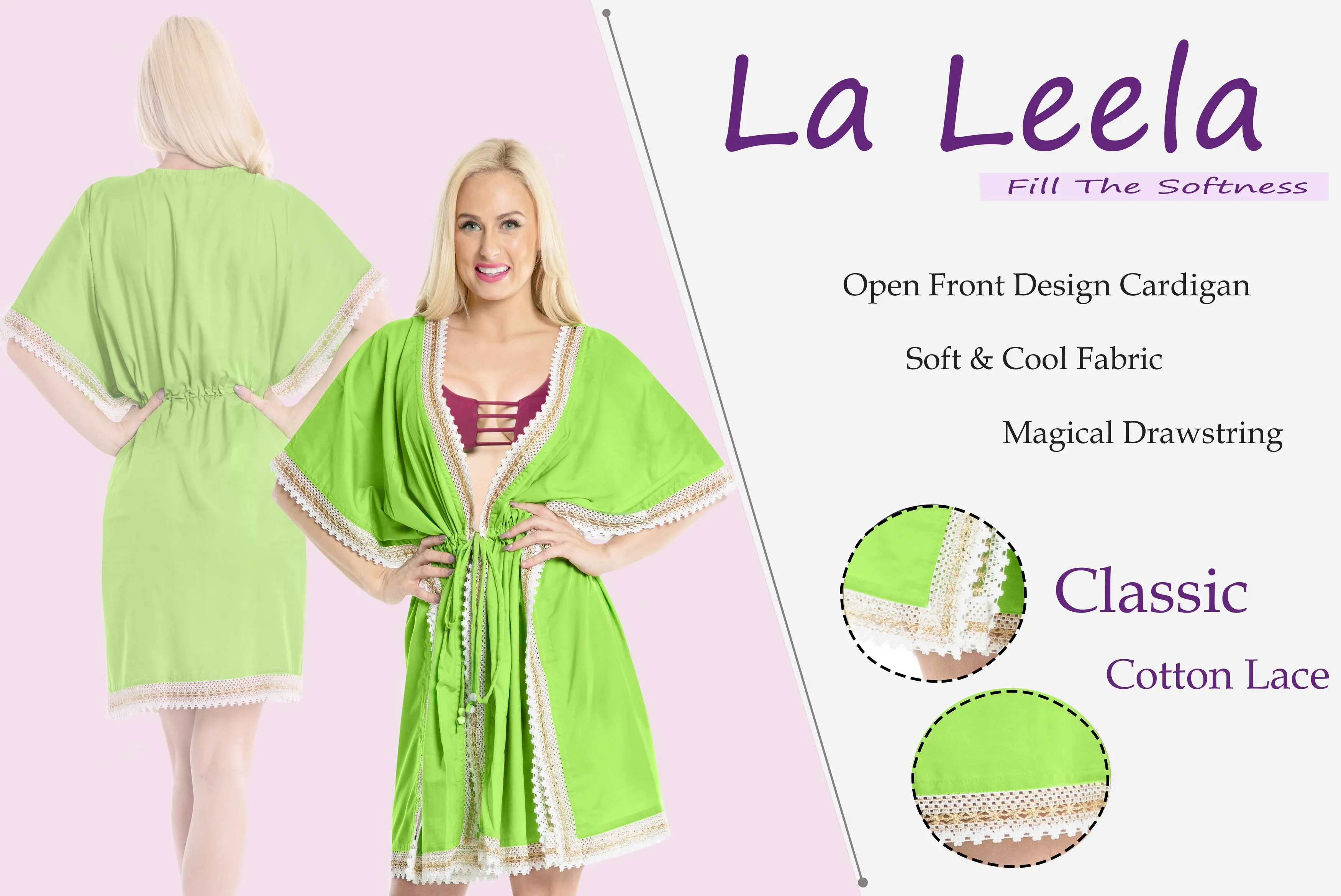 LA LEELA Kimono cover up Jacket Swimwear For Women Green_Y303 OSFM 16-30W{XL-5X]