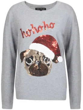 Ladies Ho Ho Ho Sequin Pug Christmas Jumper In Grey