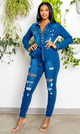 Long Sleeve Fanny Denim Jumpsuit - Medium Wash FINAL SALE