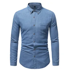 Men's Pocket Bleached Effect Turndown Collar Chambray Shirt