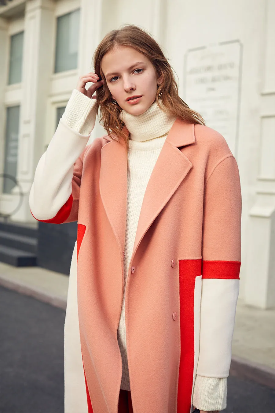 Multi-color matching double-faced wool long coat