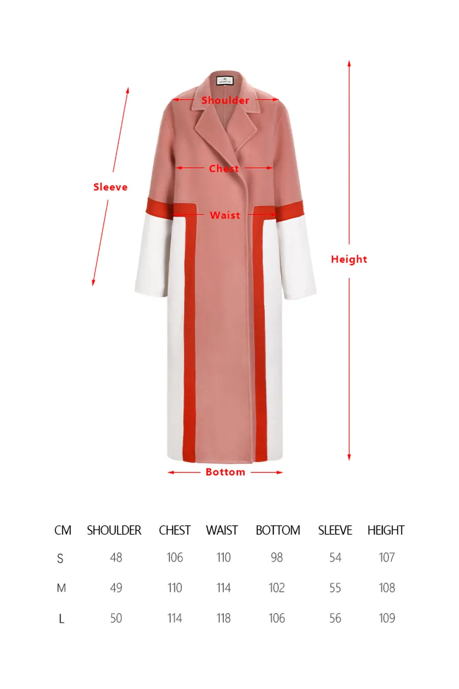 Multi-color matching double-faced wool long coat