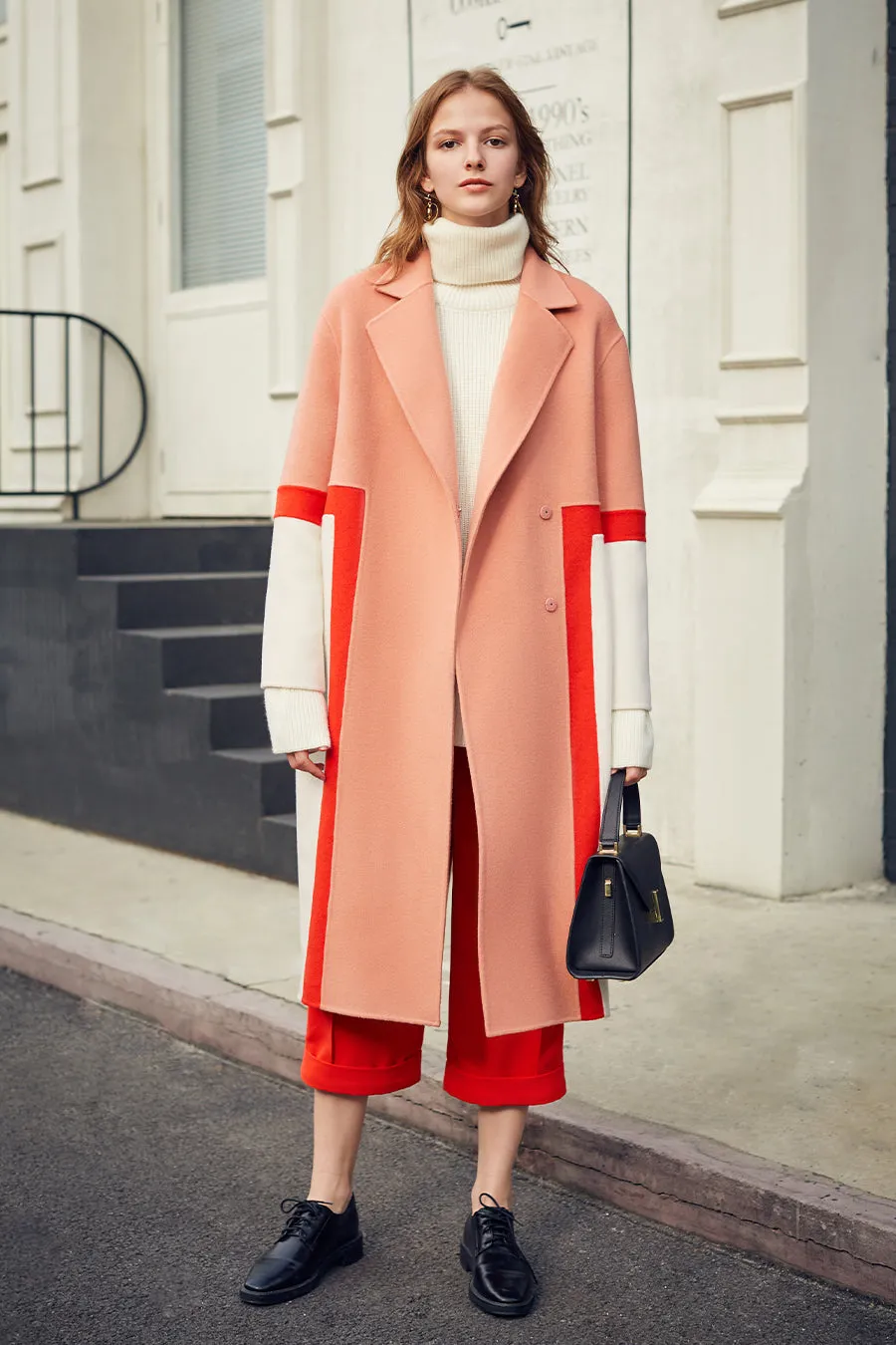 Multi-color matching double-faced wool long coat