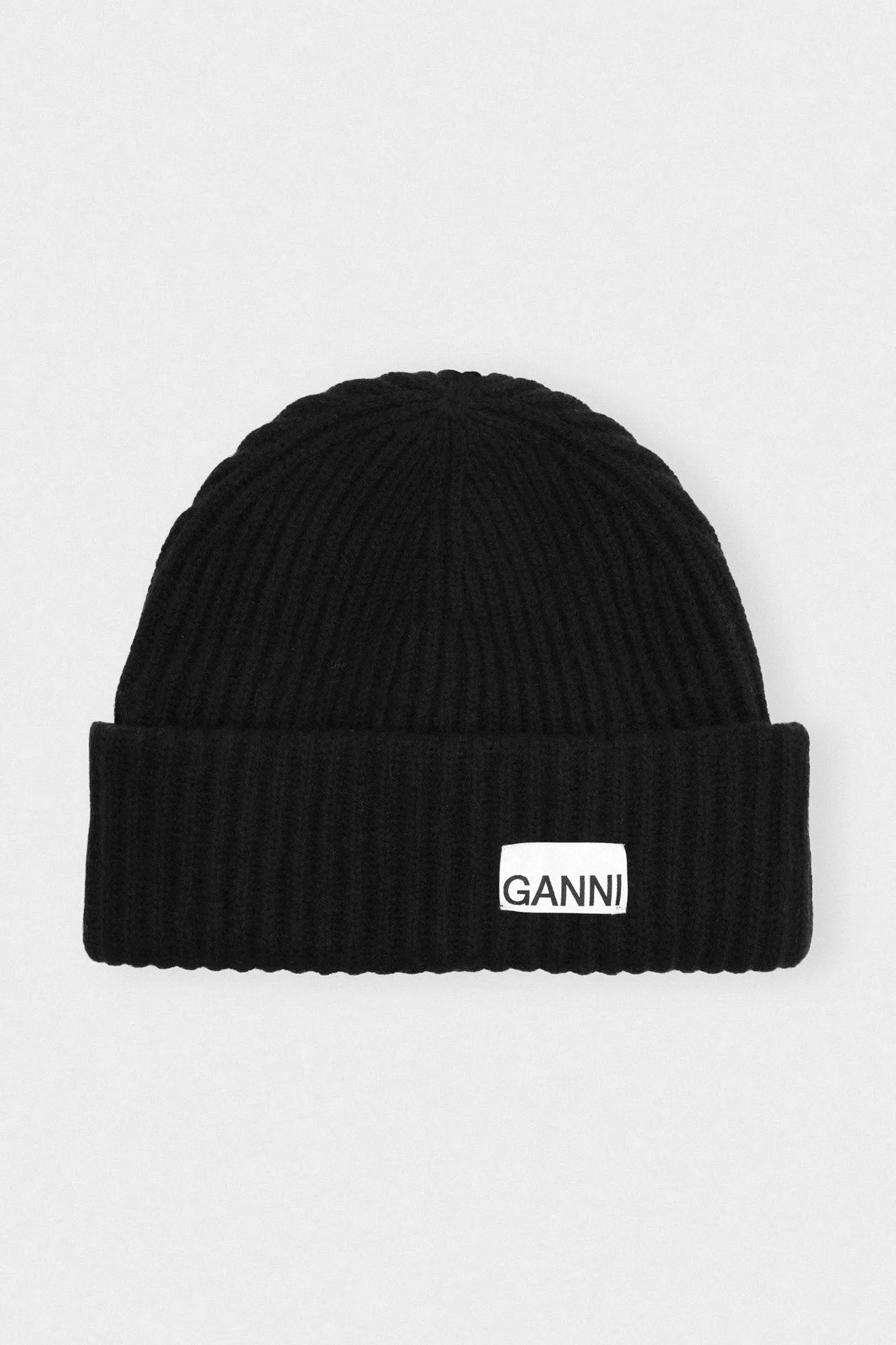 Oversized Wool Rib Knit Beanie in Black