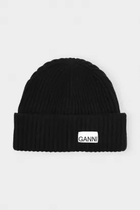 Oversized Wool Rib Knit Beanie in Black