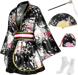 PLULON 5 Pcs Women's Japanese Kimono Robe Short Floral Print Kimono Dress Sexy Geisha Yukata Satin Bathrobe with Accessories