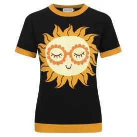 Women's Black Knitted T-shirt With Sun