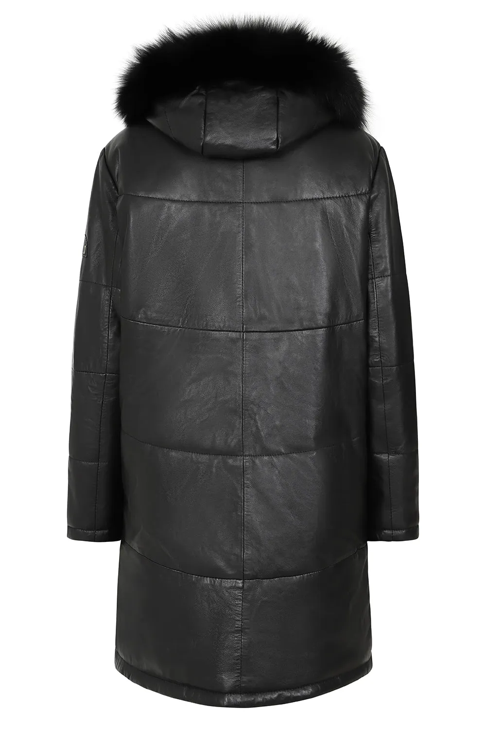 Womens Leather ¾ Length Coat with Fur Trimmed Hood - Elegance Meets Comfort - MARIA